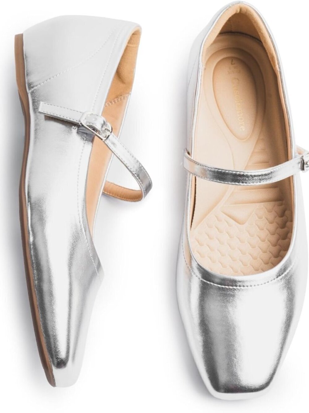 Women Silver Faux Leather Arch Support and Concealed Low Wedge Heel Ballet Flats